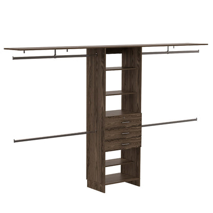 Plego Adjustable Drawers Closet System with Five Shelves and Four Hanging Rods - Dark Walnut Finish