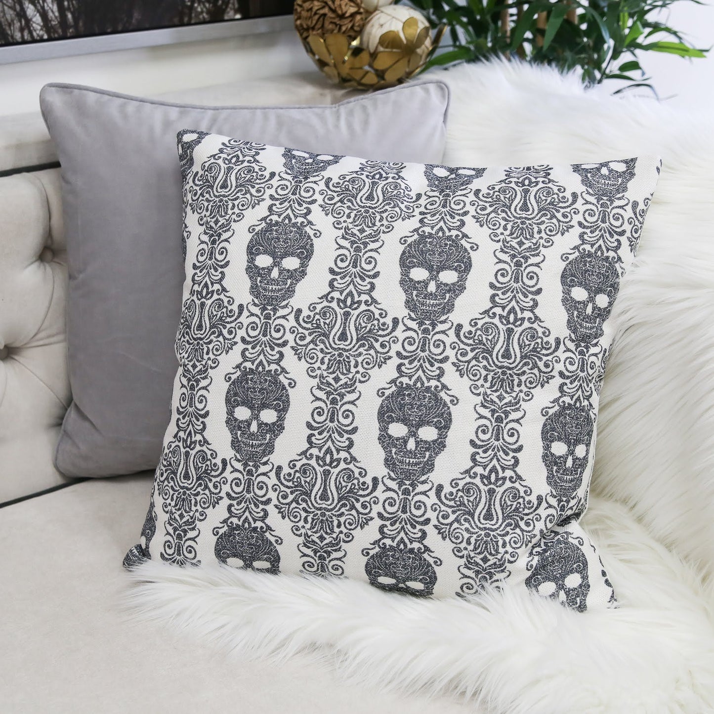 Gothic Damask Skull Throw Pillow, 20x20 in, Cotton-Linen, Hidden Zipper, Sofa/Bed/Chair Accent, Decor Gray