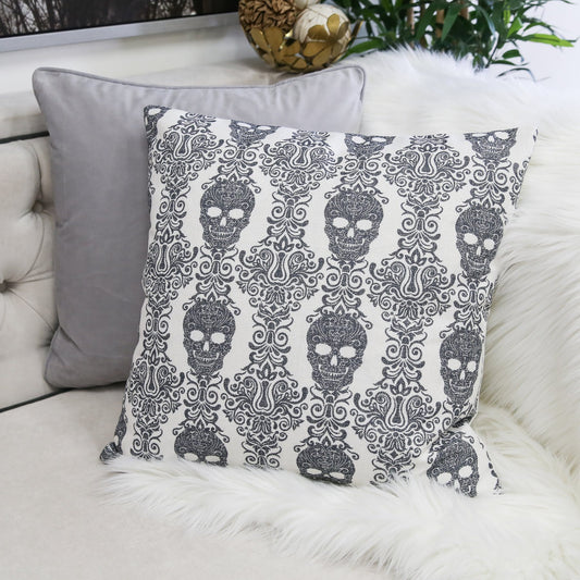 Gothic Damask Skull Throw Pillow, 20x20 in, Cotton-Linen, Hidden Zipper, Sofa/Bed/Chair Accent, Decor Gray