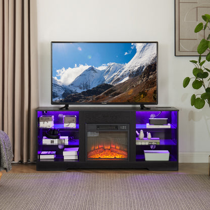 58-Inch TV Stand with Built-In 18in Electric Fireplace, Glass Shelves, USB, Remote, App Control, Black