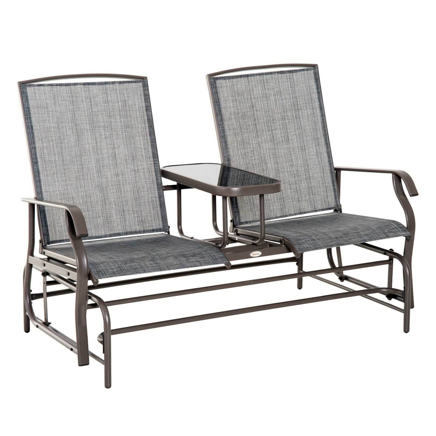 Outdoor Glider Bench With Table For Patio, Metal Frame Loveseat With Breathable Mesh And Armrests For Backyard Gray