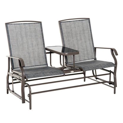 Outdoor Glider Bench With Table For Patio, Metal Frame Loveseat With Breathable Mesh And Armrests For Backyard Gray