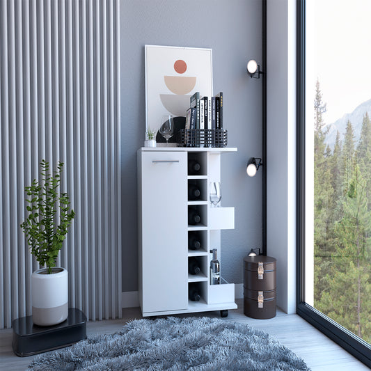 Stylish 32 Inch White Bar Coffee Cart With Storage Cabinet