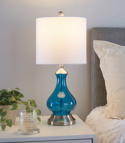 22-Inch Contemporary Seeded Glass Accent Table Lamp with White Linen Shade, Brushed Nickel Finish, Blue