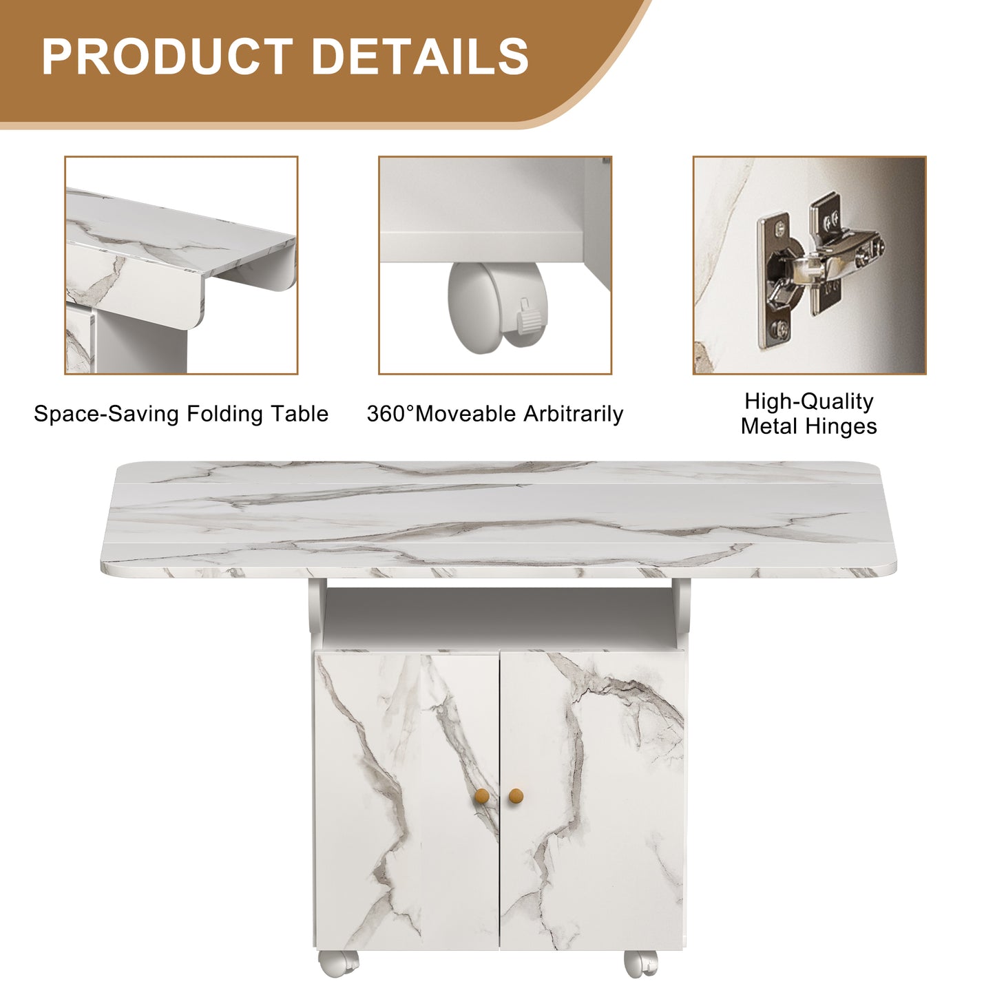 Folding Dining Table Storage Wheels 47Inch White Marble