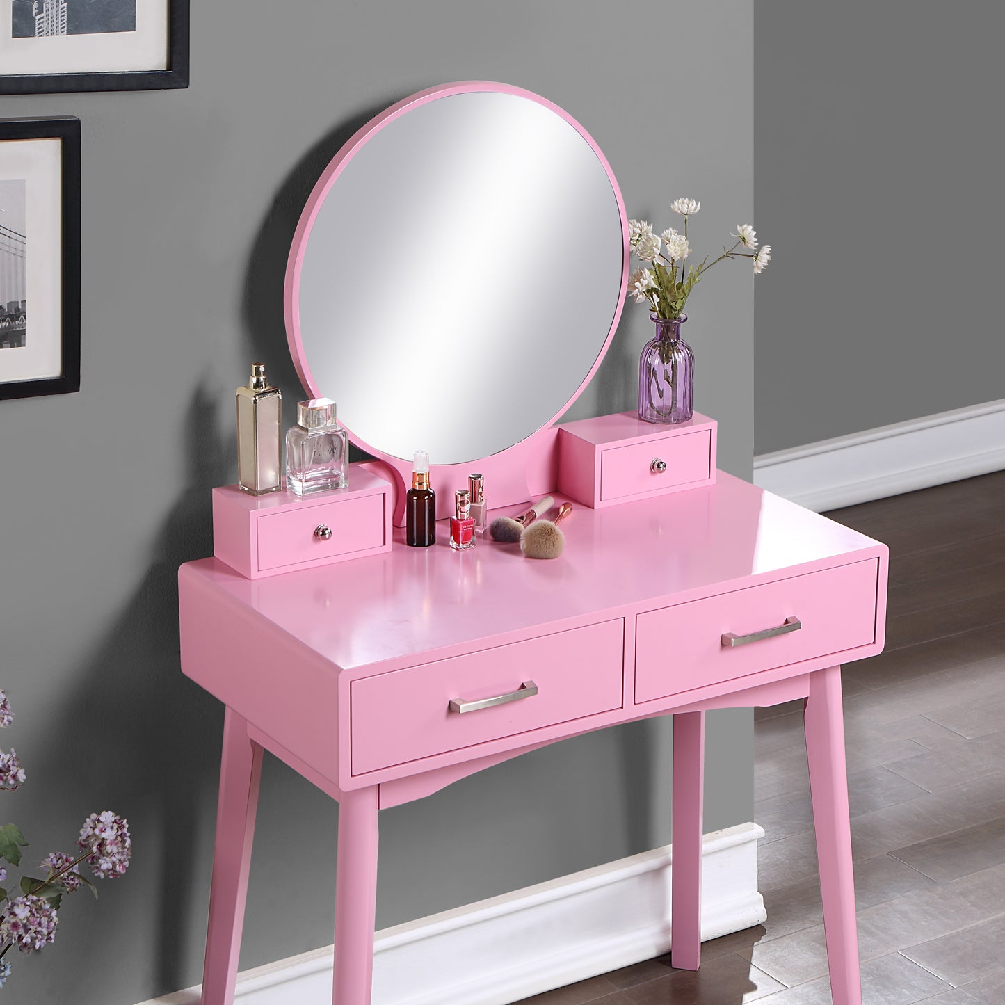 Contemporary Wood Vanity and Stool Set for Bedroom Dressing Area, Makeup Desk with Storage Drawers Pink