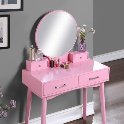 Contemporary Wood Vanity and Stool Set for Bedroom Dressing Area, Makeup Desk with Storage Drawers Pink