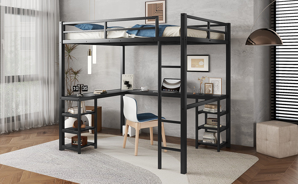 Stylish Black Metal Loft Bed with Integrated Desk and Storage Shelves