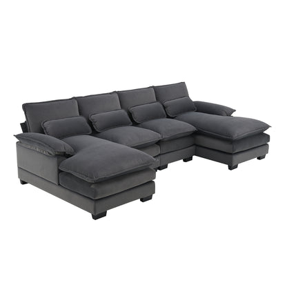 Modern U-Shaped Sectional Sofa with Chaise and Sleeper, Velvet Upholstery, Waist Pillows, 109.8x55.9 Gray