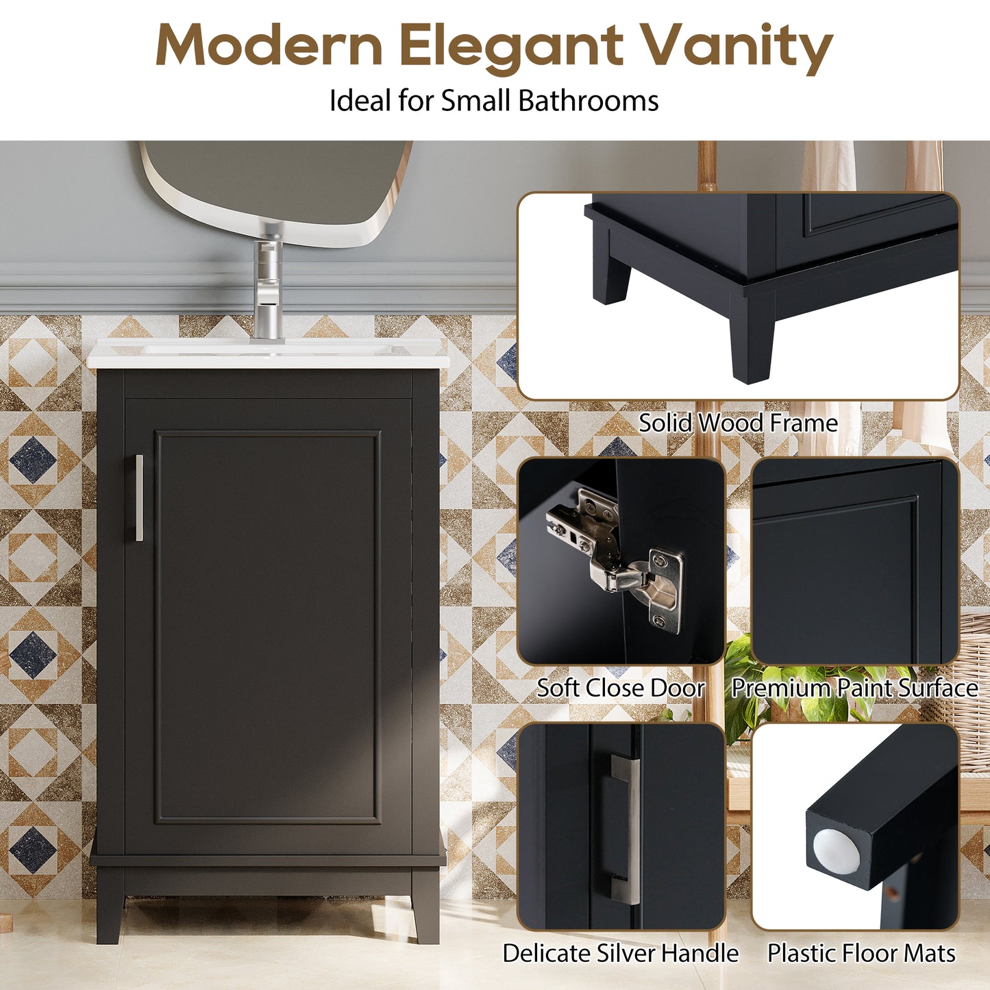 Compact 20-Inch Black Bathroom Vanity Cabinet with Ceramic Sink - Modern Design, Ample Storage, Soft-Close Door