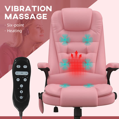 Pink High Back Massage Office Chair with Heated Recline and Remote Control - 6 Vibration Points, PU Leather