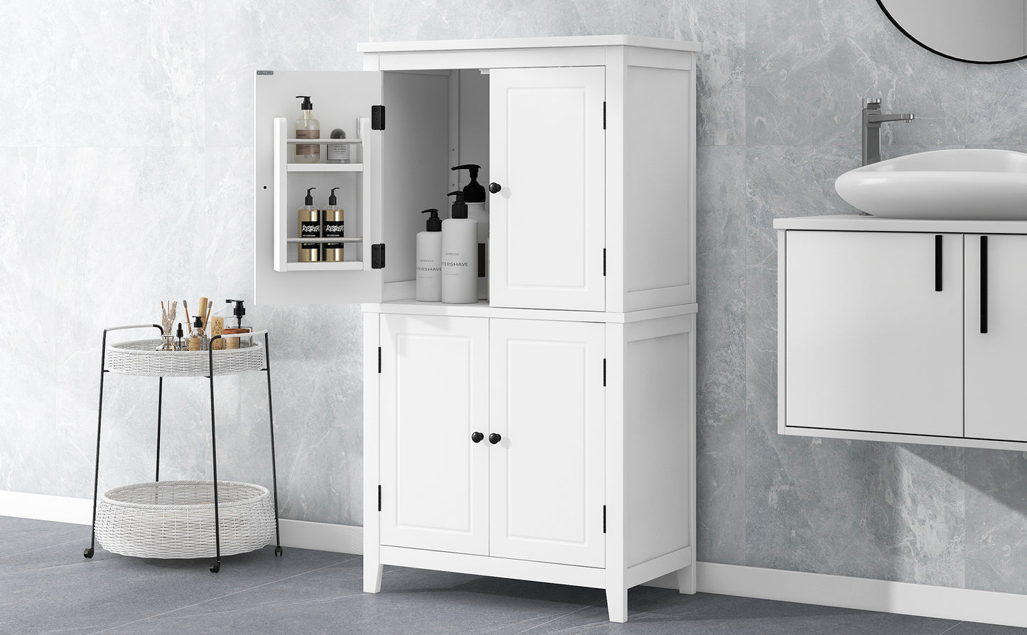 Stylish Freestanding Bathroom Storage Cabinet with 4 Adjustable Shelves, White MDF Unit