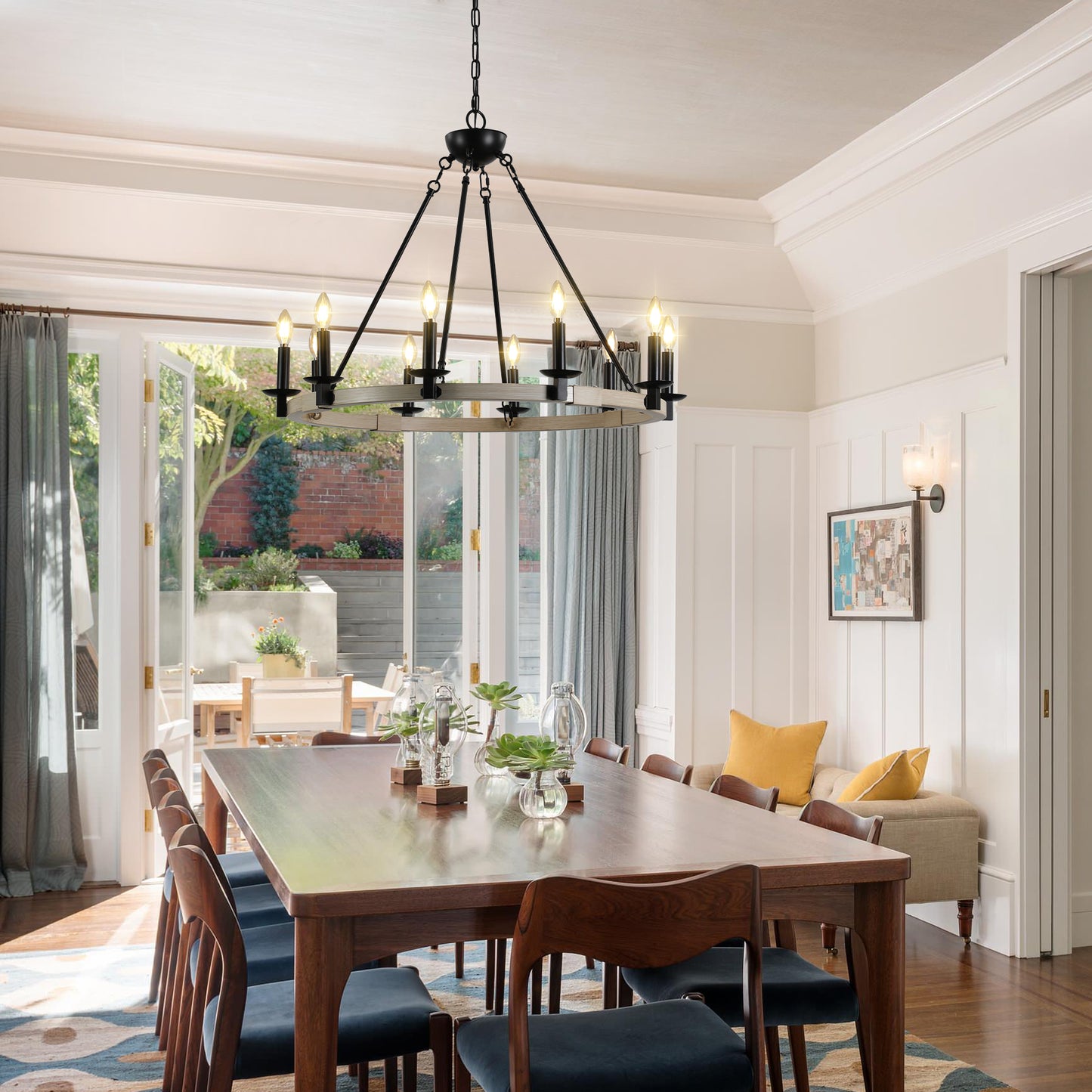 10-Light Rustic Farmhouse Round Chandelier for Dining, 31.5-in Dia, Iron & Wood, E12 Base - Matte Black