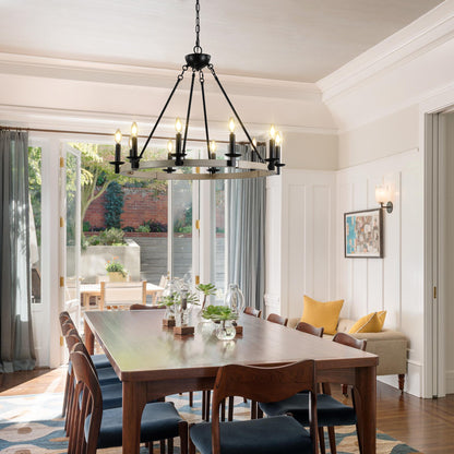 10-Light Rustic Farmhouse Round Chandelier for Dining, 31.5-in Dia, Iron & Wood, E12 Base - Matte Black