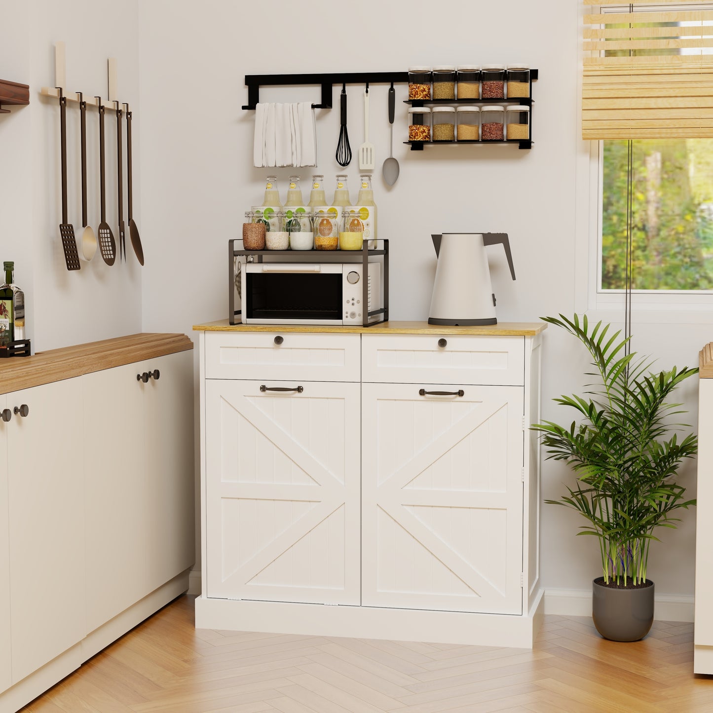 Modern White Kitchen Trash Storage Cabinet with Drawers and Tilt-Out Bin - Multifunctional Organizer for Home Use