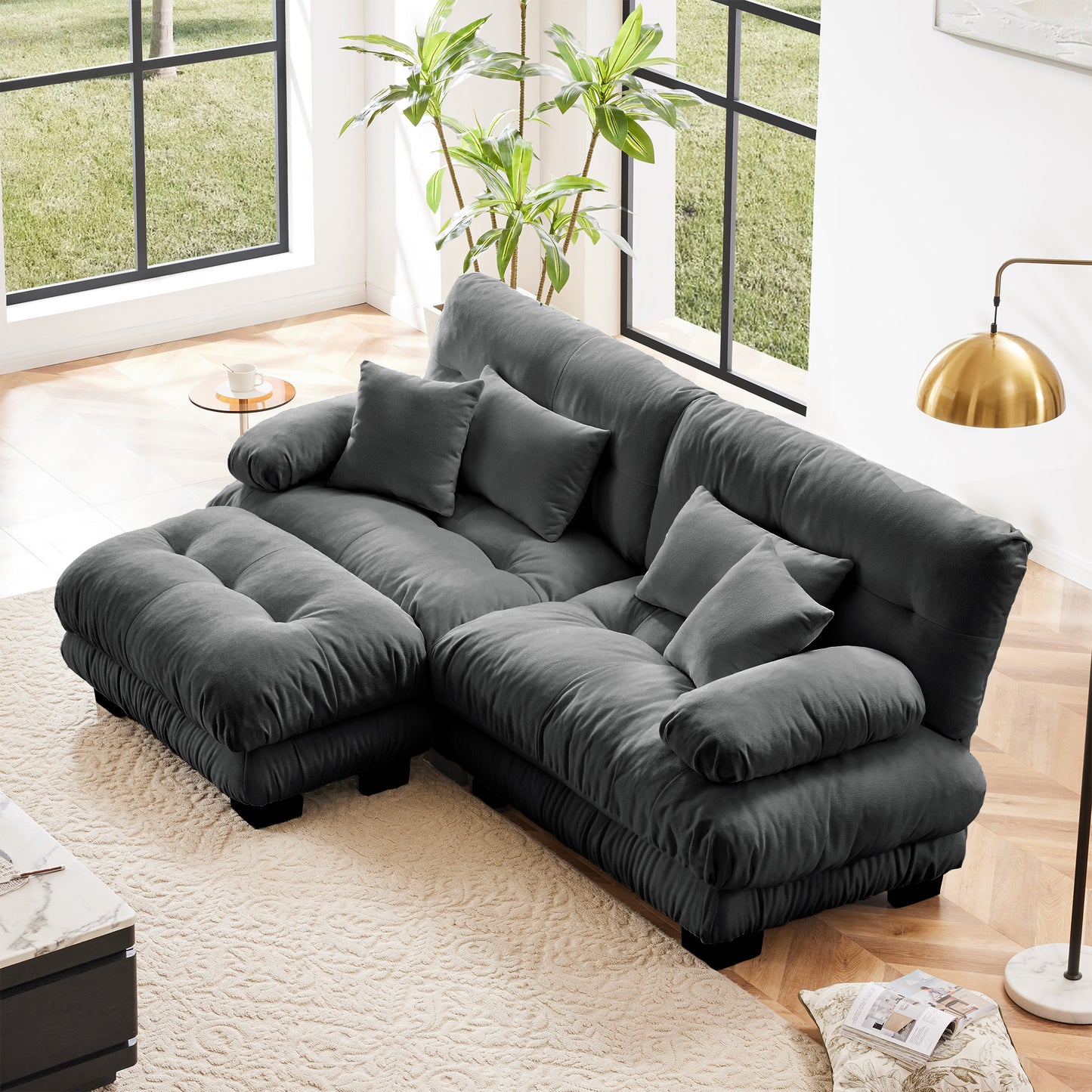 Cloud Sectional, 2-Seater Chenille with Convertible Ottoman, 2 Lumbar & 2 Throw Pillows, Wide Arm, Gray