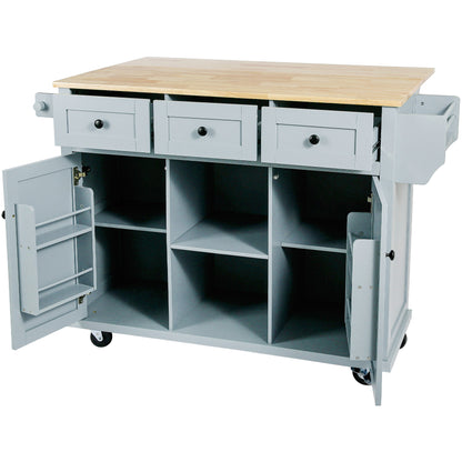 Multi-Functional Kitchen Island Cart with Rubber Wood Drop-Leaf Top, Storage Drawers, and Adjustable Shelving in Grey Blue