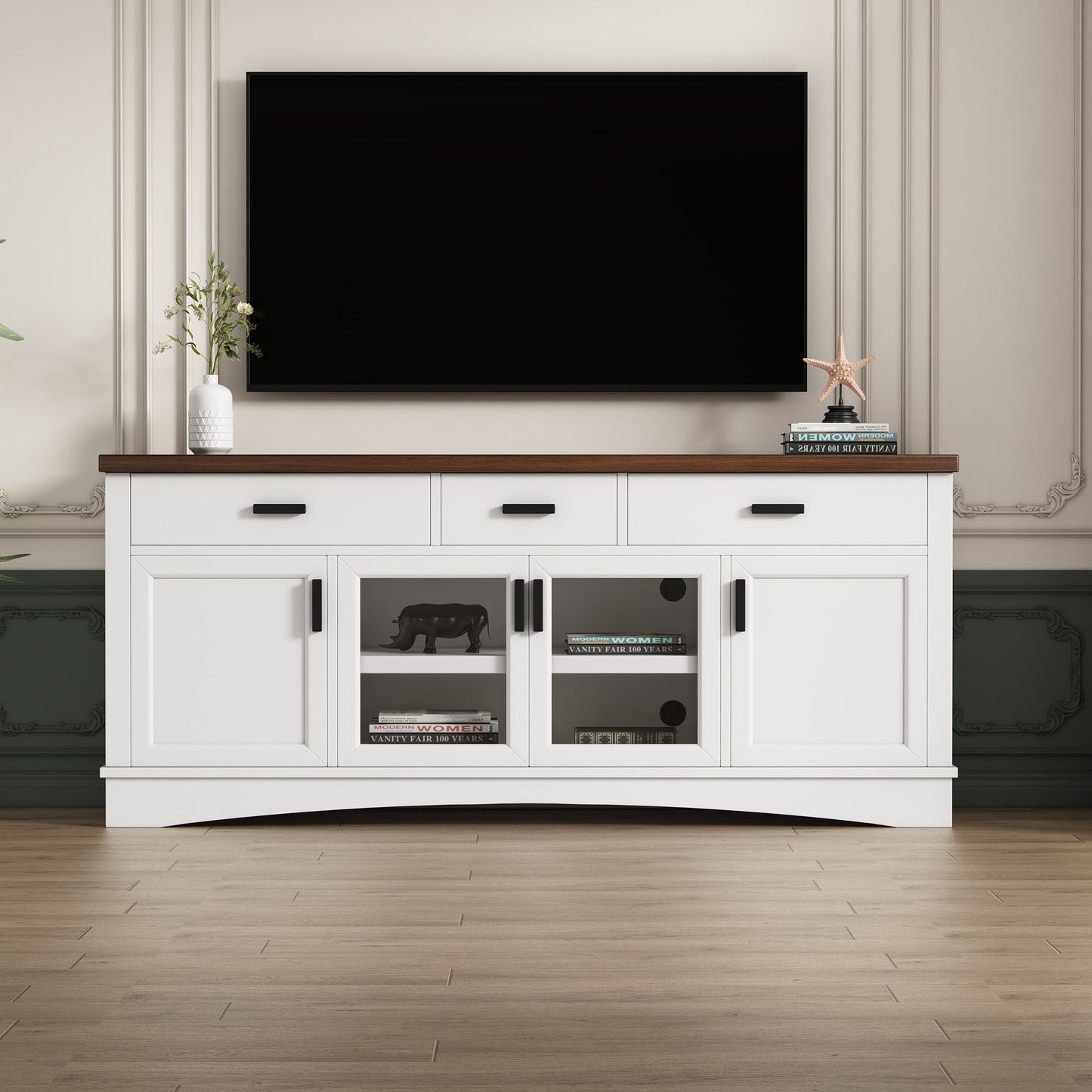 67-Inch Wide TV Console with Glass Doors, 3 Adjustable Shelves, 4-Door Cabinet & 3 Drawers, Cable Management, TV Stand, White