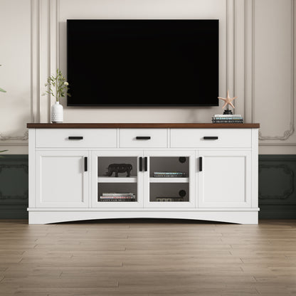 67-Inch Wide TV Console with Glass Doors, 3 Adjustable Shelves, 4-Door Cabinet & 3 Drawers, Cable Management, TV Stand, White