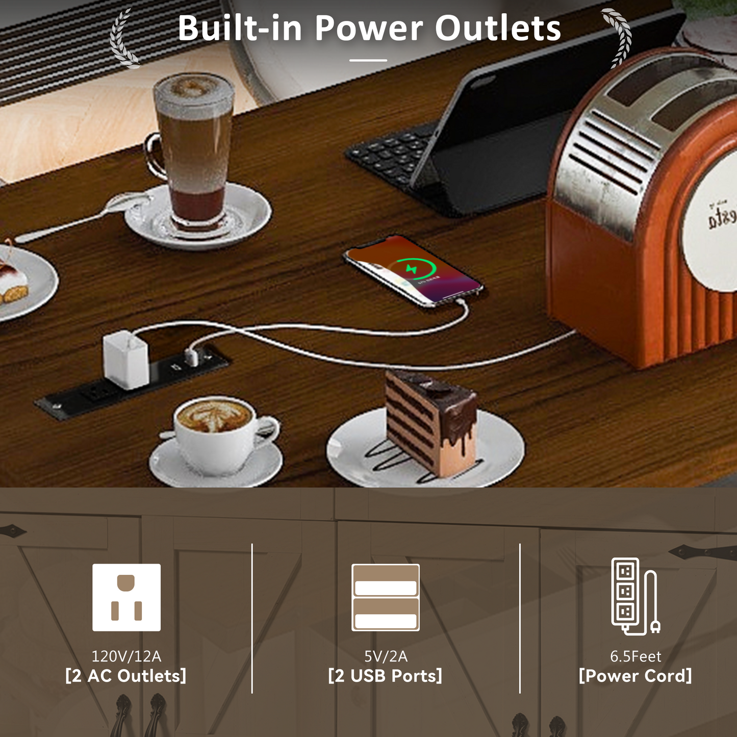 Farmhouse Rolling Kitchen Island with Power Outlet, Drop Leaf, Spice Rack, and Storage Drawers - 53.5'' White Cart for Kitchen and Dining Room