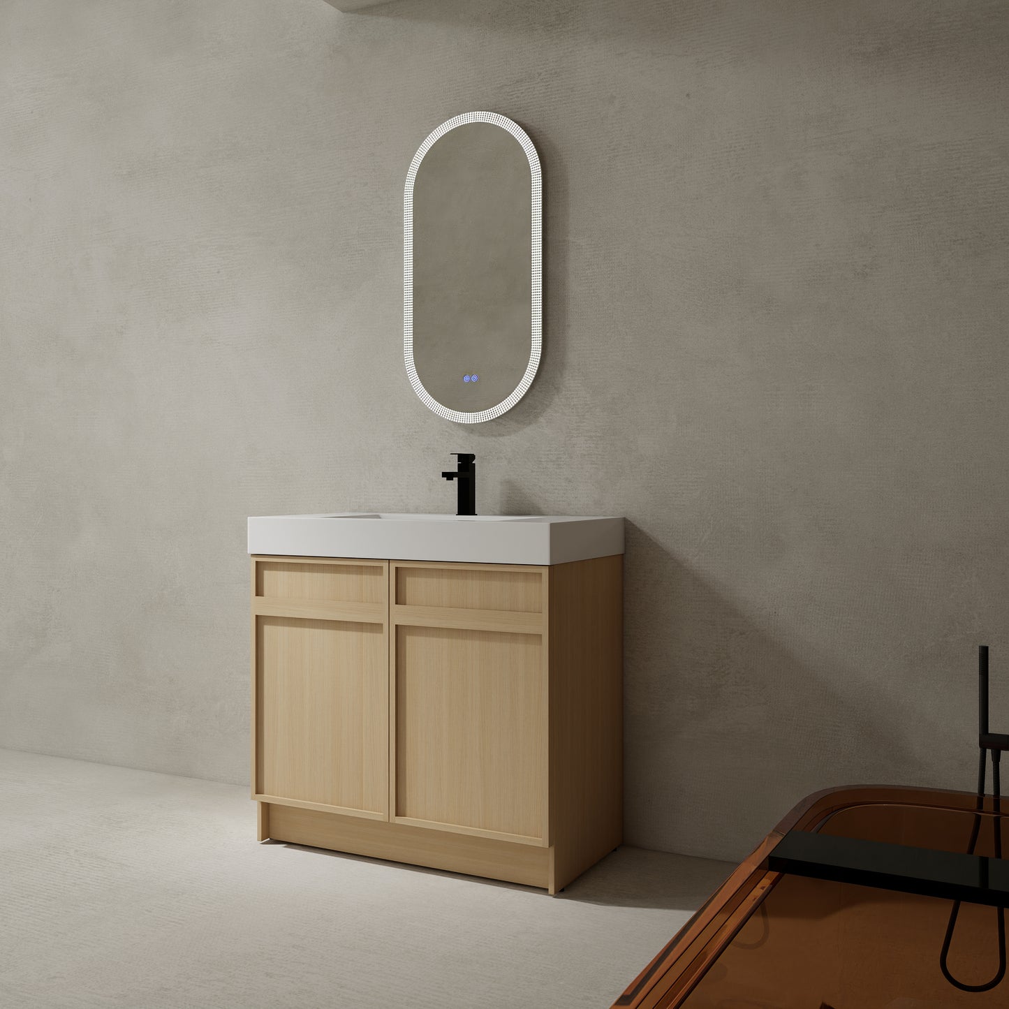 Modern 36" Freestanding Oak Bathroom Vanity with Soft-Close Doors & Integrated White Resin Sink