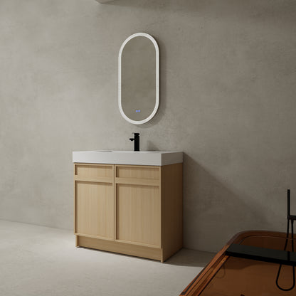 Modern 36" Freestanding Oak Bathroom Vanity with Soft-Close Doors & Integrated White Resin Sink