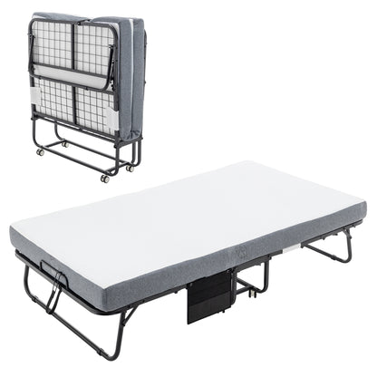 Folding Bed with Mattress, SPortable Foldable Bed with Storage Cover, SRollaway Bed for Adults with Memory Foam Mattress and Metal Frame, SCot Size Guest Bed on Wheels, Twin Bed