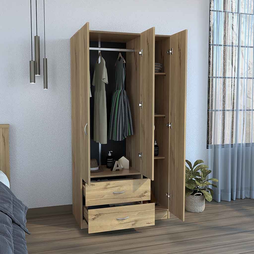 Modern Light Oak & Black 3-Door Armoire with Shelves, Drawers, and Hanging Rod