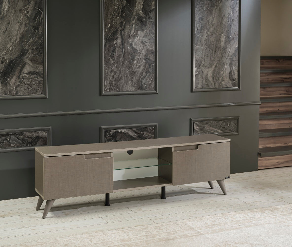 Mid-Century Modern 66-Inch TV Stand with 2 Doors, Glass Shelf, Solid Wood Entertainment Console Brown