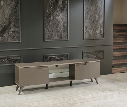 Mid-Century Modern 66-Inch TV Stand with 2 Doors, Glass Shelf, Solid Wood Entertainment Console Brown