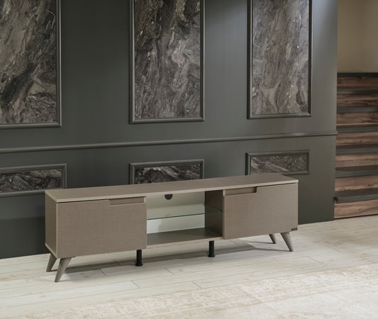 Mid-Century Modern 66-Inch TV Stand with 2 Doors, Glass Shelf, Solid Wood Entertainment Console Brown