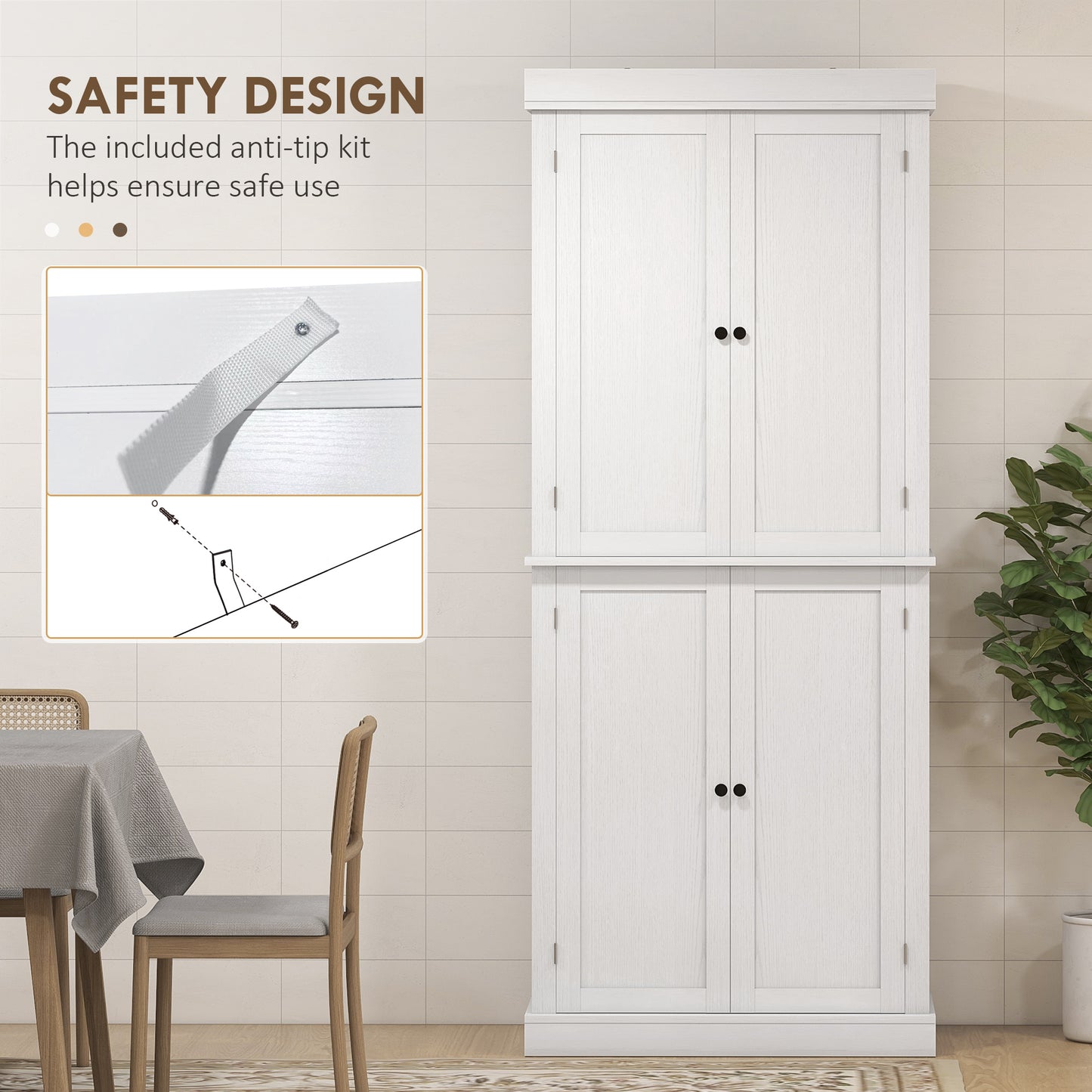 Elegant 72.5" White Freestanding Kitchen Pantry with Adjustable Shelves and 4 Doors