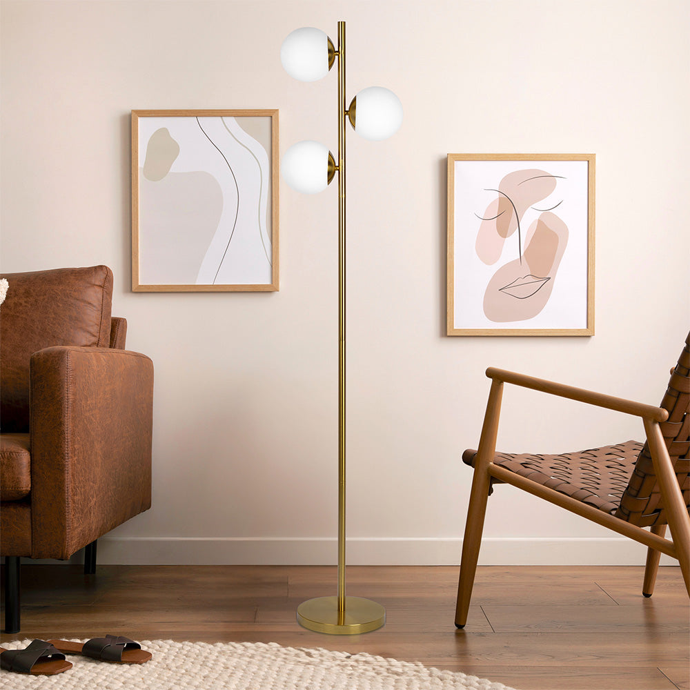 Modern Floor Lamp with Opal Glass Shades, 64-Inch Tall, Brass Round Base, Warm Ambient Lighting, Gold