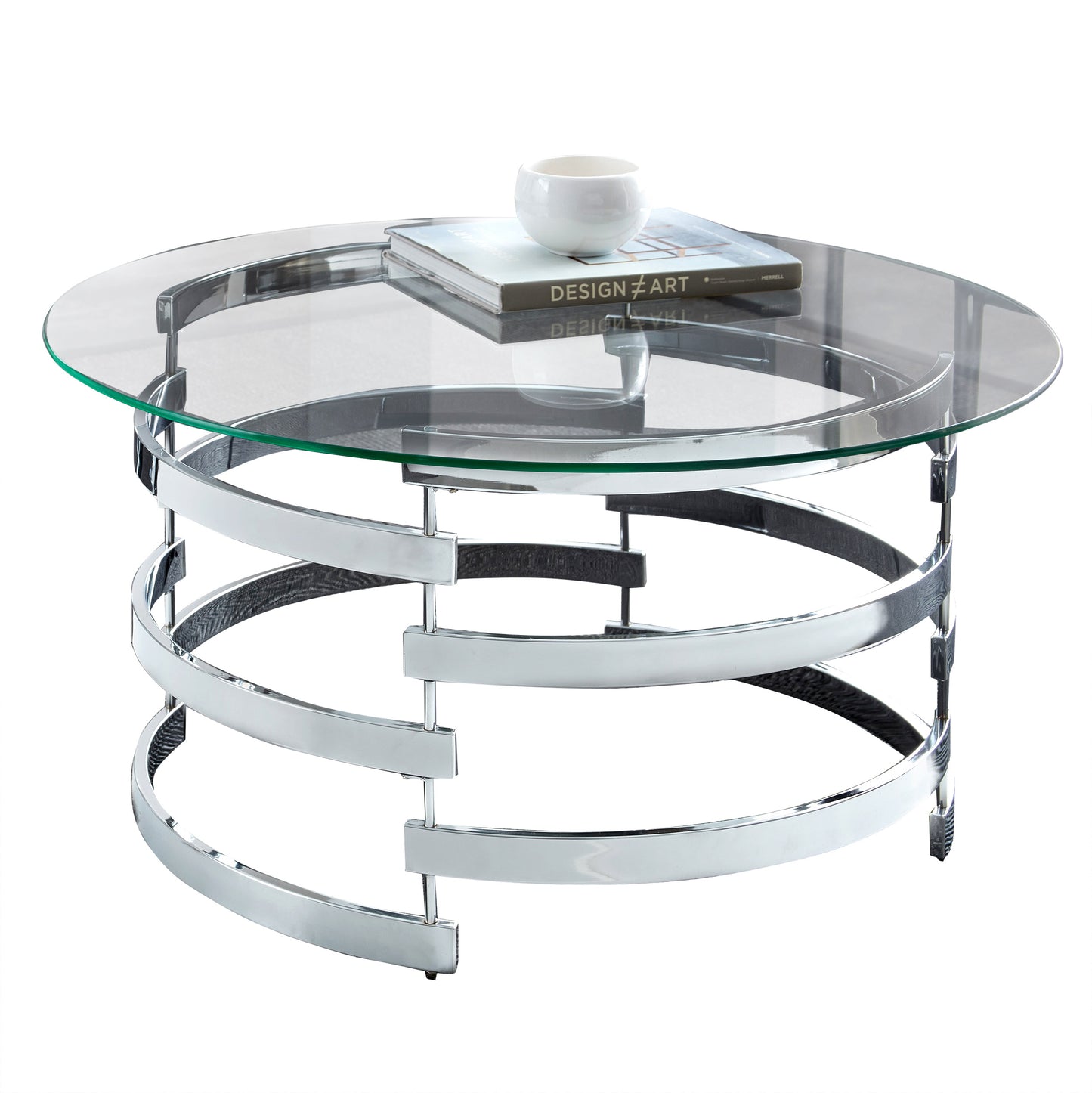 35-Inch Round Tempered Glass Coffee Table with Chrome-Plated Iron Base, Contemporary Living Room Gray
