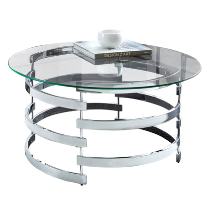 35-Inch Round Tempered Glass Coffee Table with Chrome-Plated Iron Base, Contemporary Living Room Gray