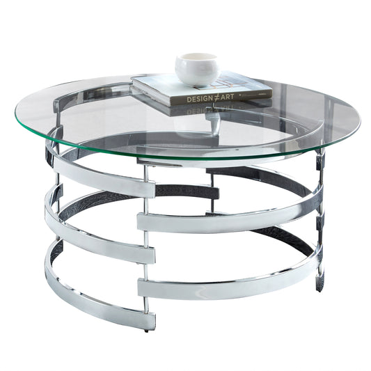 35-Inch Round Tempered Glass Coffee Table with Chrome-Plated Iron Base, Contemporary Living Room Gray