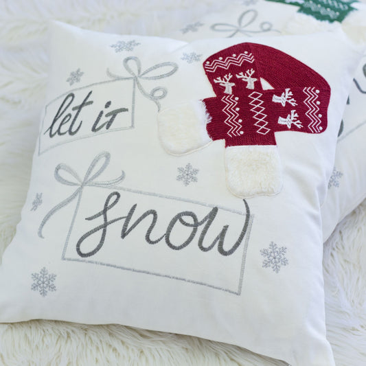 20x20 Inch Christmas Throw Pillow with 3D Knit Hat and 'Let It Snow' Embroidery, Plush Insert, Sofa, Red