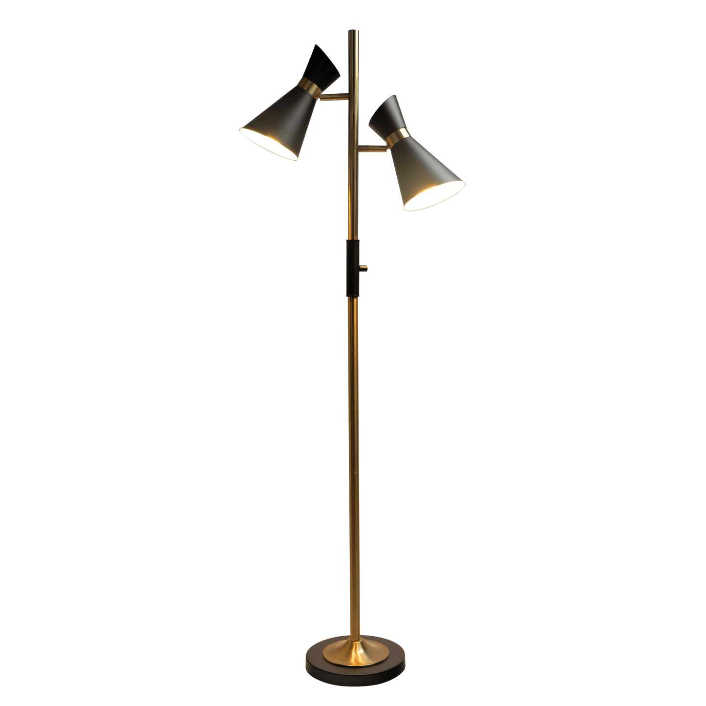 62-Inch Tall Floor Lamp with 4-Way Switch and Dual Spotlight Heads, Metal Base, Brassed Gold Finish