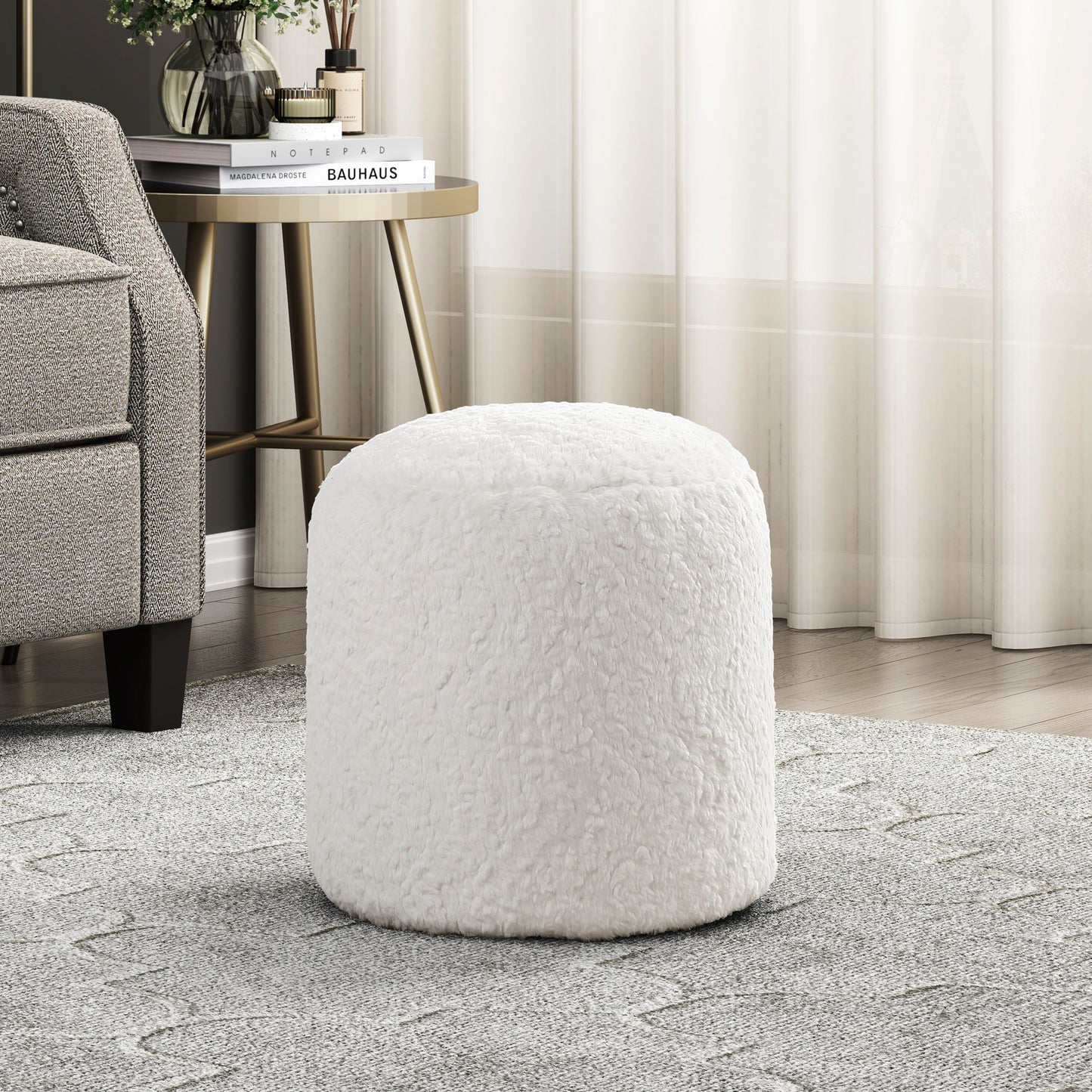 Modern Faux Fur Pouf Ottoman, 16in Dia x 17in H, Upholstered Footstool, Non-Slip, 300 lb Off-White