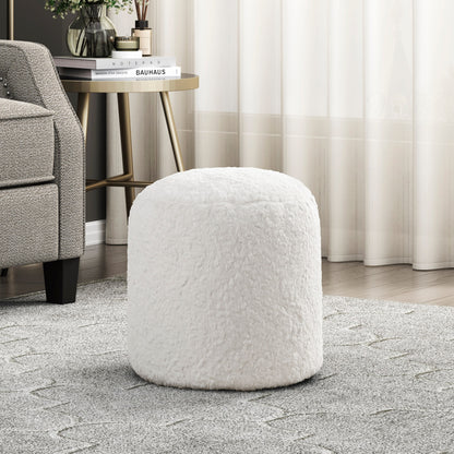 Modern Faux Fur Pouf Ottoman, 16in Dia x 17in H, Upholstered Footstool, Non-Slip, 300 lb Off-White