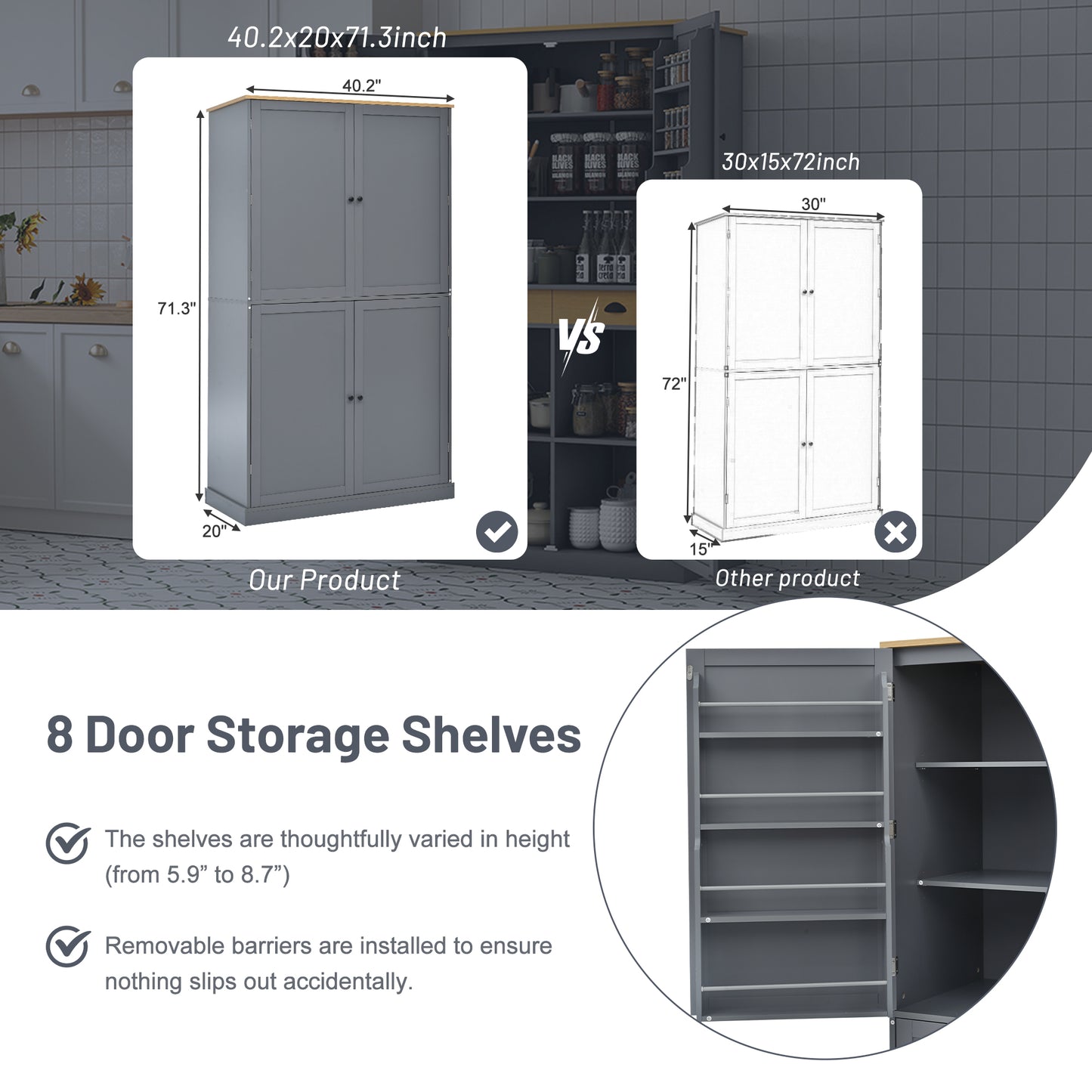 40.2"x20"x71.3" Modern High Kitchen Pantry - Spacious Storage Cabinet with Adjustable Shelves & Drawers in Gray