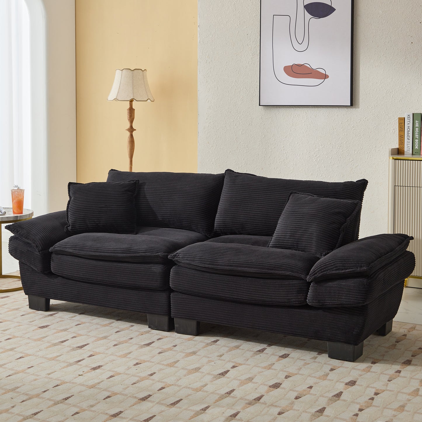 Deep-Seat Sleeper Sofa Loveseat, 23in Cushions, 84in L x 32in W, 2 Pillows, Easy Assembly, Black Corduroy