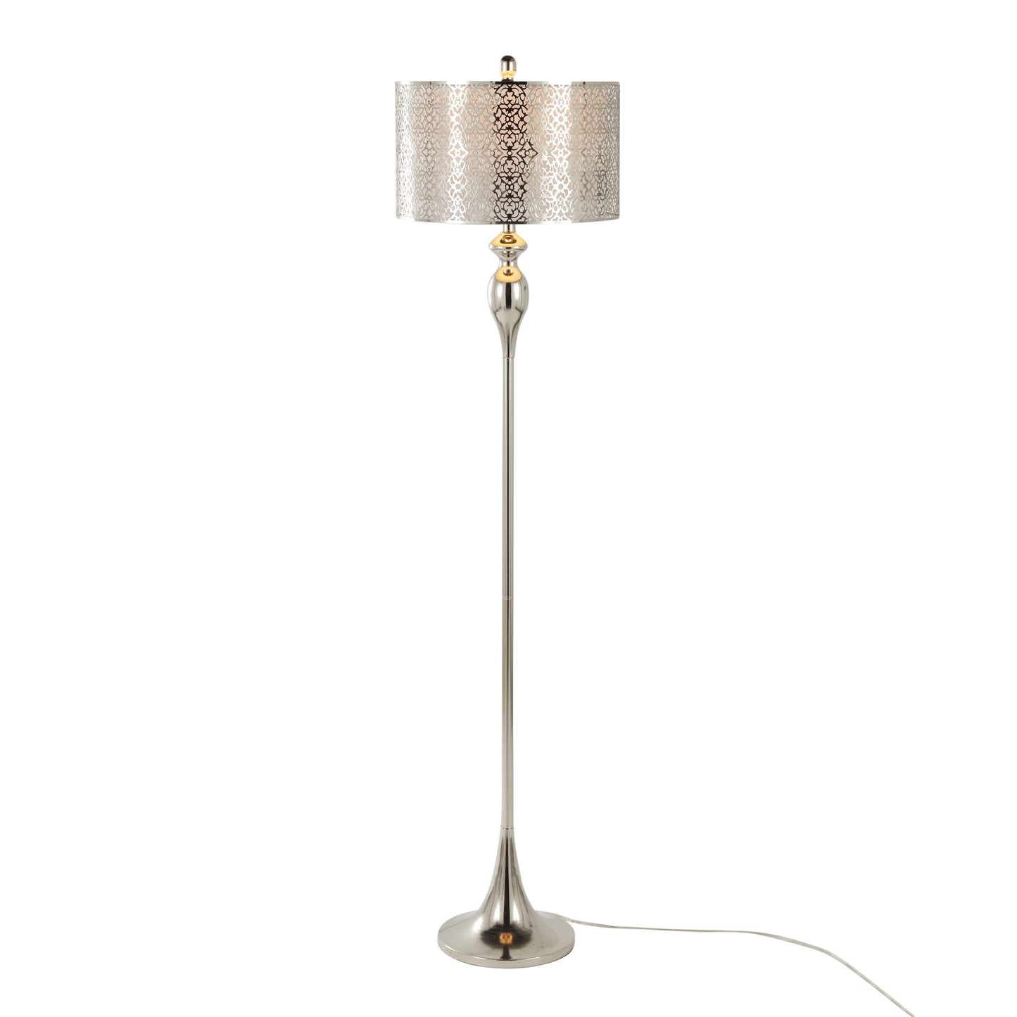 63-Inch Metal Floor Lamp with Laser Cut Metal, White Linen Shade, 3-Way Switch, Polished Nickel