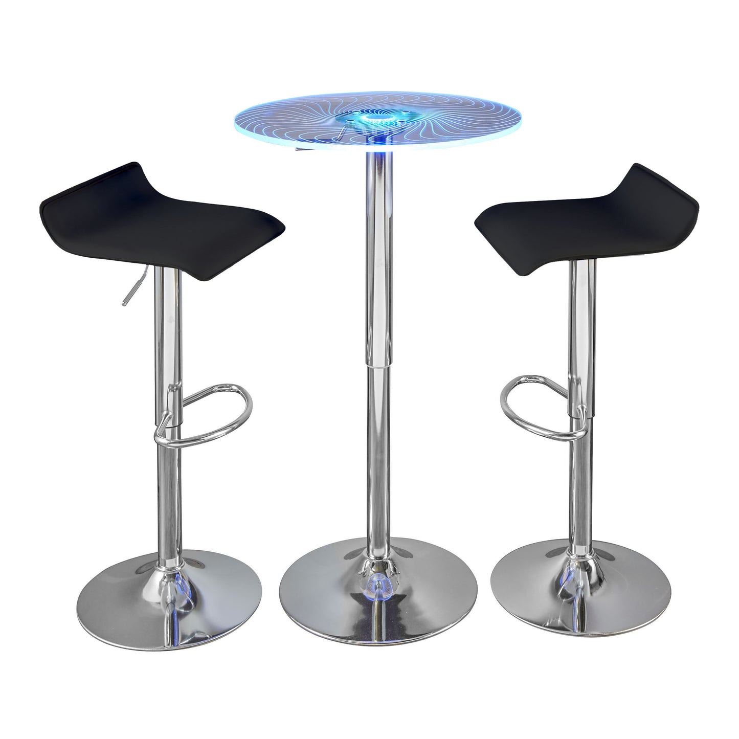 Contemporary Adjustable Bar Set with Chrome Metal Frame, Clear Acrylic, Light-Up Tabletop, 3-Piece Black
