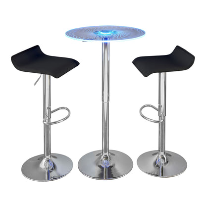 Contemporary Adjustable Bar Set with Chrome Metal Frame, Clear Acrylic, Light-Up Tabletop, 3-Piece Black