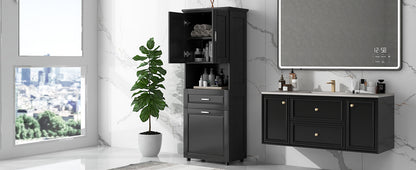 Stylish Tall Black Bathroom Storage Cabinet with Removable Laundry Basket and Ample Organizing Space