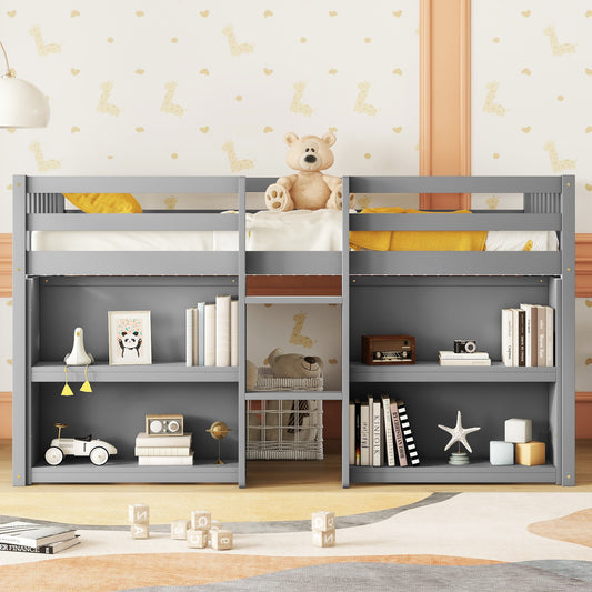 Twin Size Low Loft Bed for Kids with Dual Shelving and LED Lights in Grey