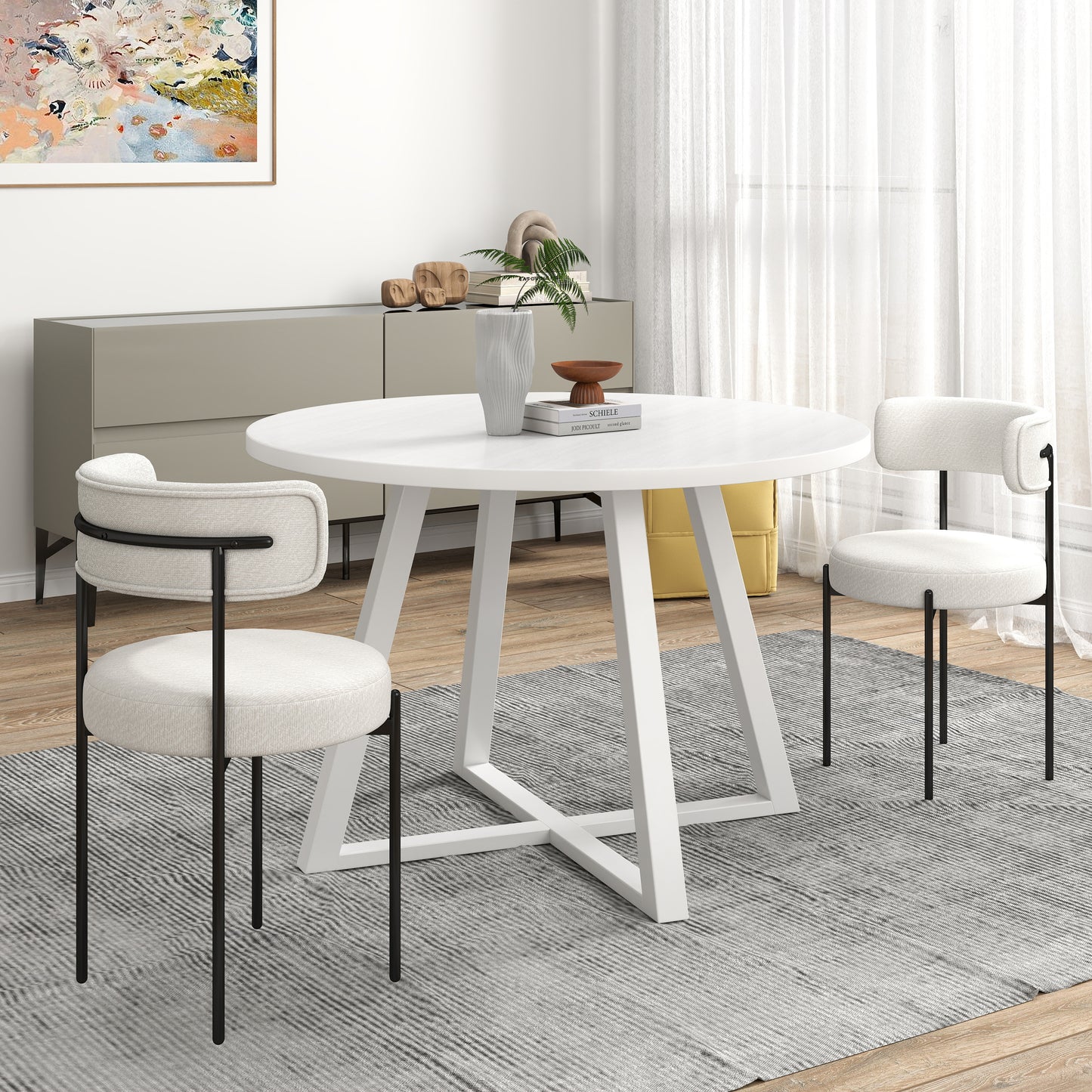 Trestle Round Dining Set With Two Chairs Three Piece Boucle