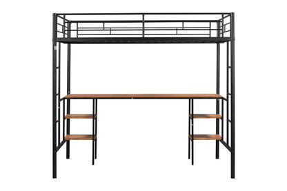 Space-Saving Twin Loft Bed with Integrated Desk & Shelves - Durable Black Metal Design