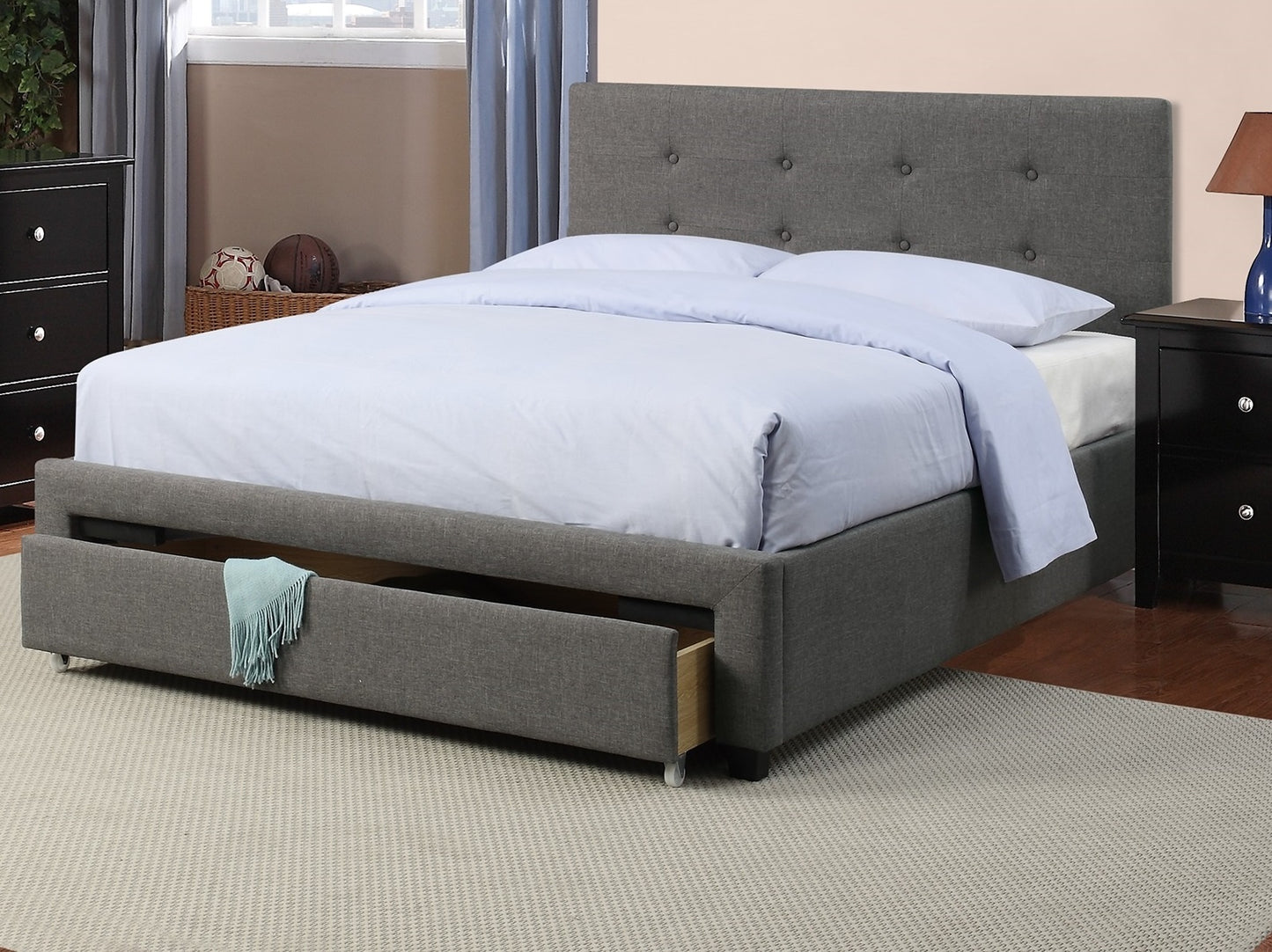 Elegant Grey Polyfiber Queen Size Bed with Tufted Headboard and Storage Drawers